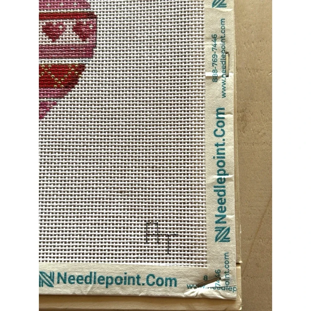 Needlepoint Canvas Handpainted Heart Pink Red Signed AT 18 Pt HE850 Wood Frame